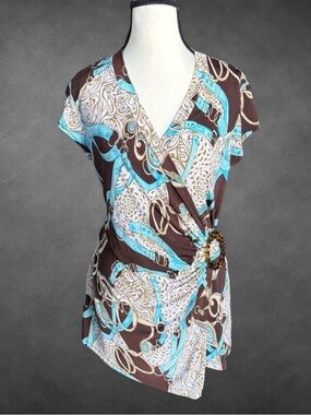 Cache Brown Turquoise Print Wrap Top Y2K Belt Detail - Size M